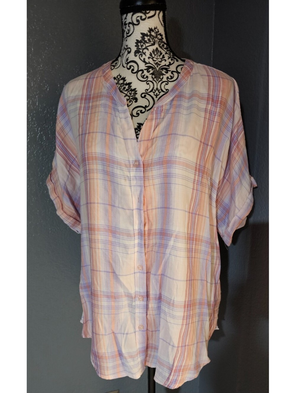 Women's Gloria Vanderbilt Button Up Blouse Size XXL Multicolor Short Sleeve Top - Picture 6 of 13